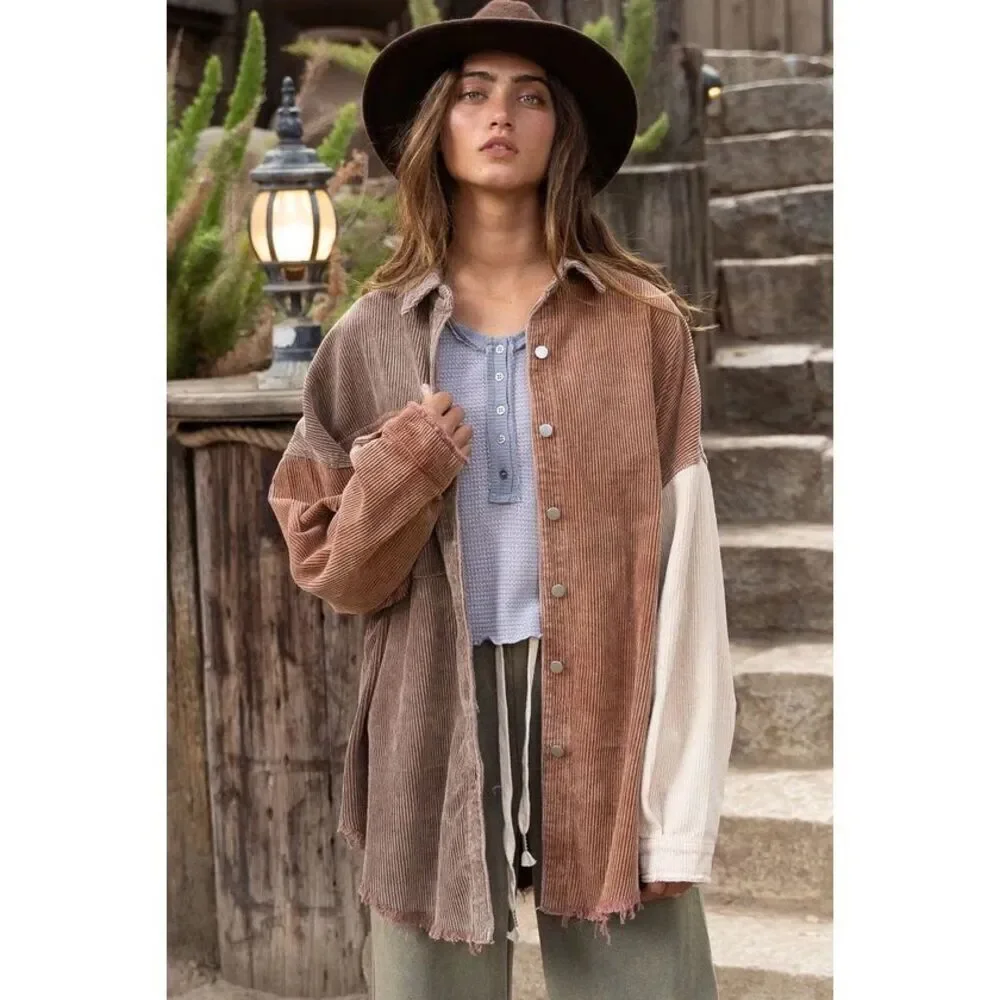 POL Together In Spirit Multi Tone Corduroy Shacket Jacket Size Medium